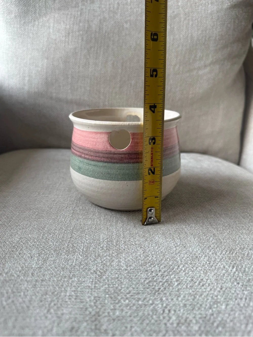 Striped Ceramic Planter, Candle Holder, Garlic Keeper with Heart Cutouts